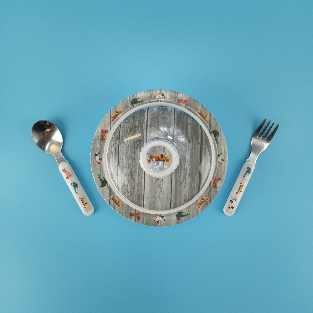 Sugarbooger Sugar Booger Baby Toddler Suction Bowl Fork Spoon Set Race Car Gray